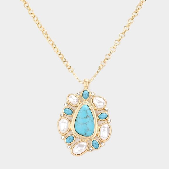 NEW Boho Turquoise Pearl Abstract Stone Embellished Pendant Necklace Set - Picture 3 of 8